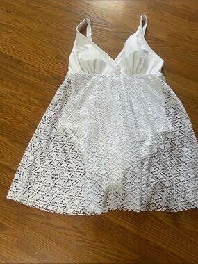White Lace Overlay One-Piece Swimdress